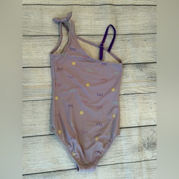 LANDS END girls One-Shoulder lilac Swimsuit with Bow Print/size 8S - Picture 5 of 6